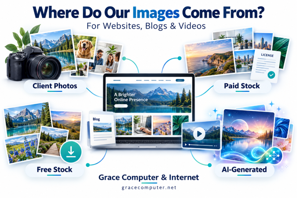 “Image sources for websites, blogs, and videos: client photos, paid stock, free stock, and AI-generated visuals.”