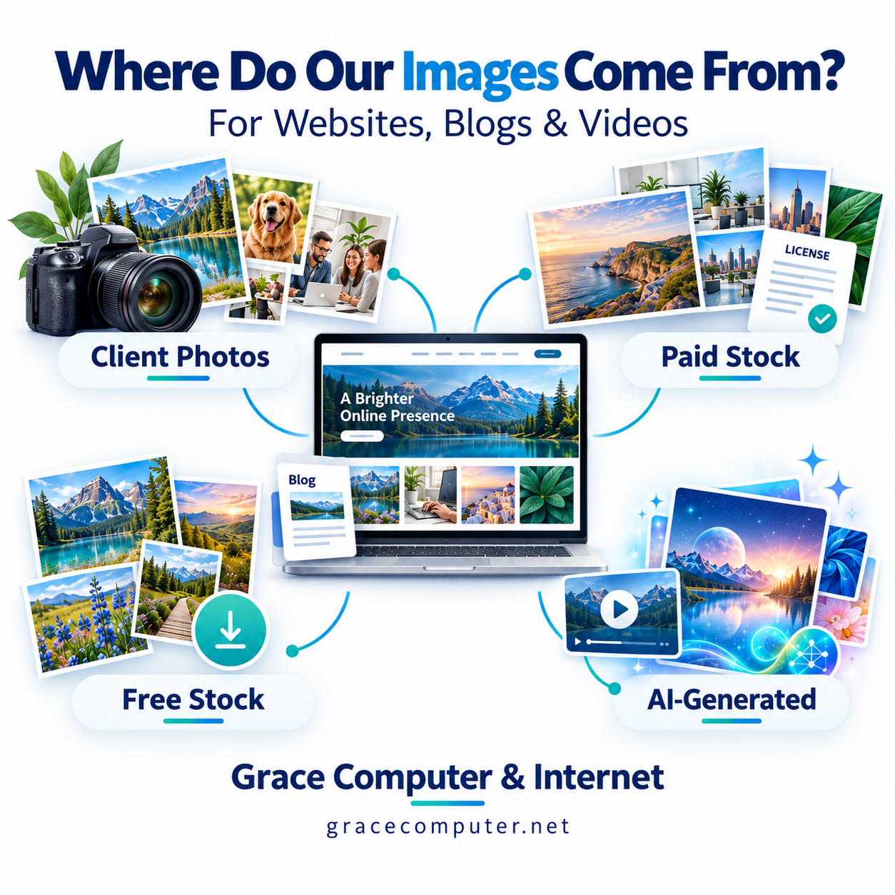Where do images for websites, blog posts, and videos come from?